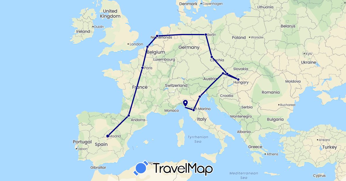 TravelMap itinerary: driving in Austria, Belgium, Czech Republic, Germany, Spain, France, Hungary, Italy, Netherlands, Slovakia (Europe)